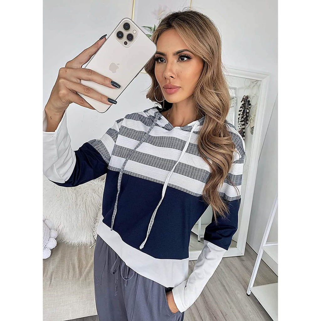 Actloe Women Long Sleeve Striped Color Block Casual Hoodies