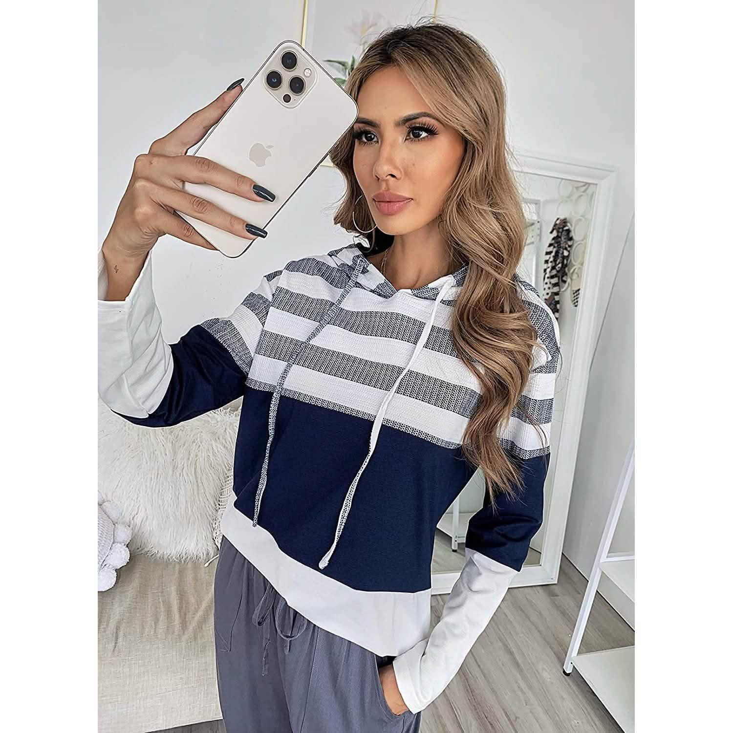 Actloe Women Long Sleeve Striped Color Block Casual Hoodies