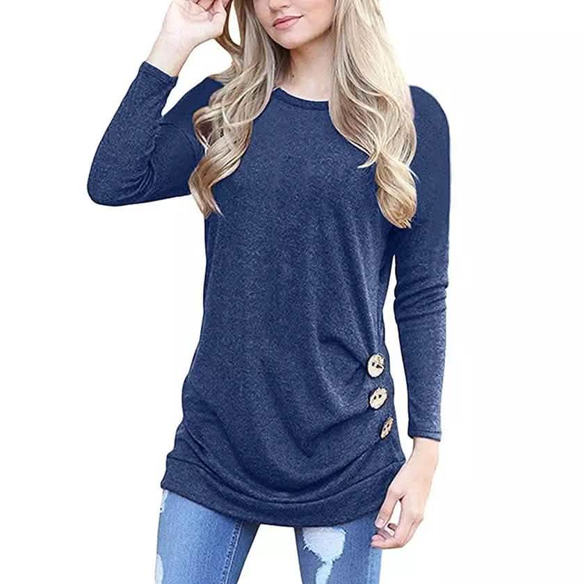 Women Elegant Long Sleeve Round Neck Loose Blouse Tops
