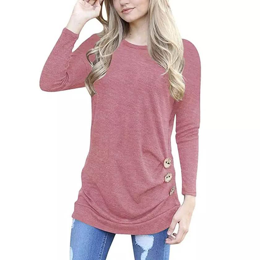 Women Elegant Long Sleeve Round Neck Loose Blouse Tops