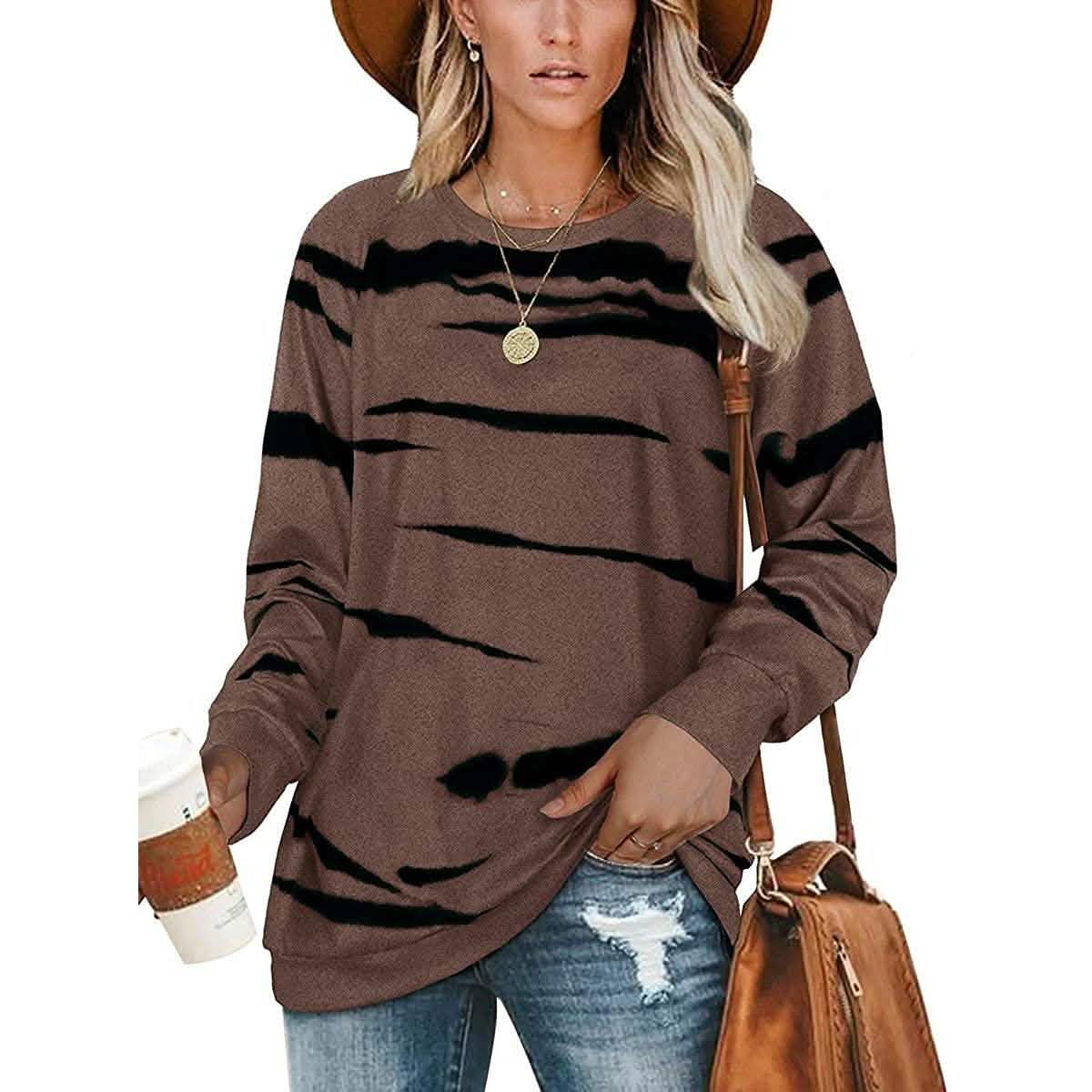 Womens Crewneck Long Sleeve Sweatshirts Striped Casual Tops Printed Loose Pullover Shirts