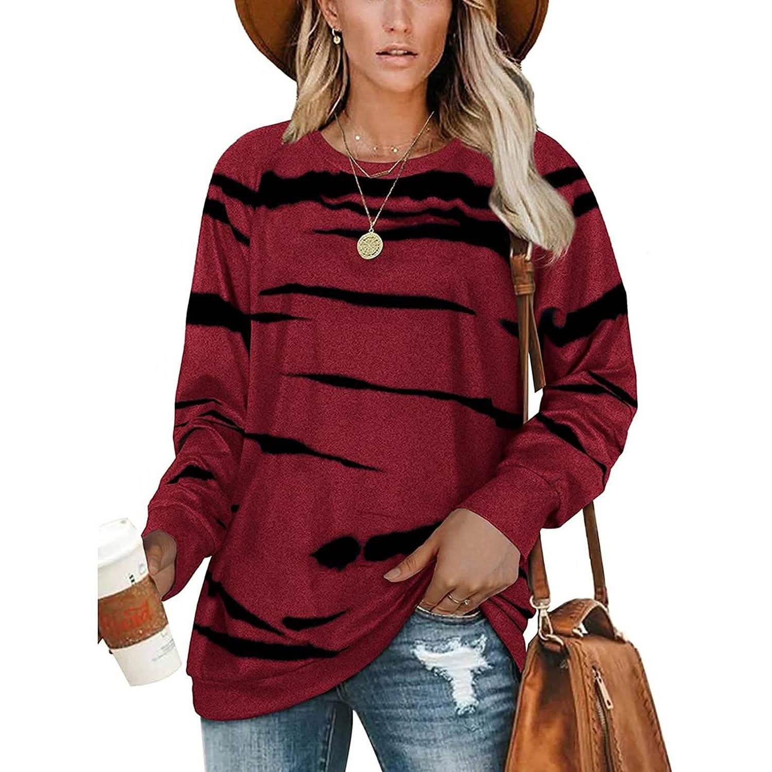 Womens Crewneck Long Sleeve Sweatshirts Striped Casual Tops Printed Loose Pullover Shirts