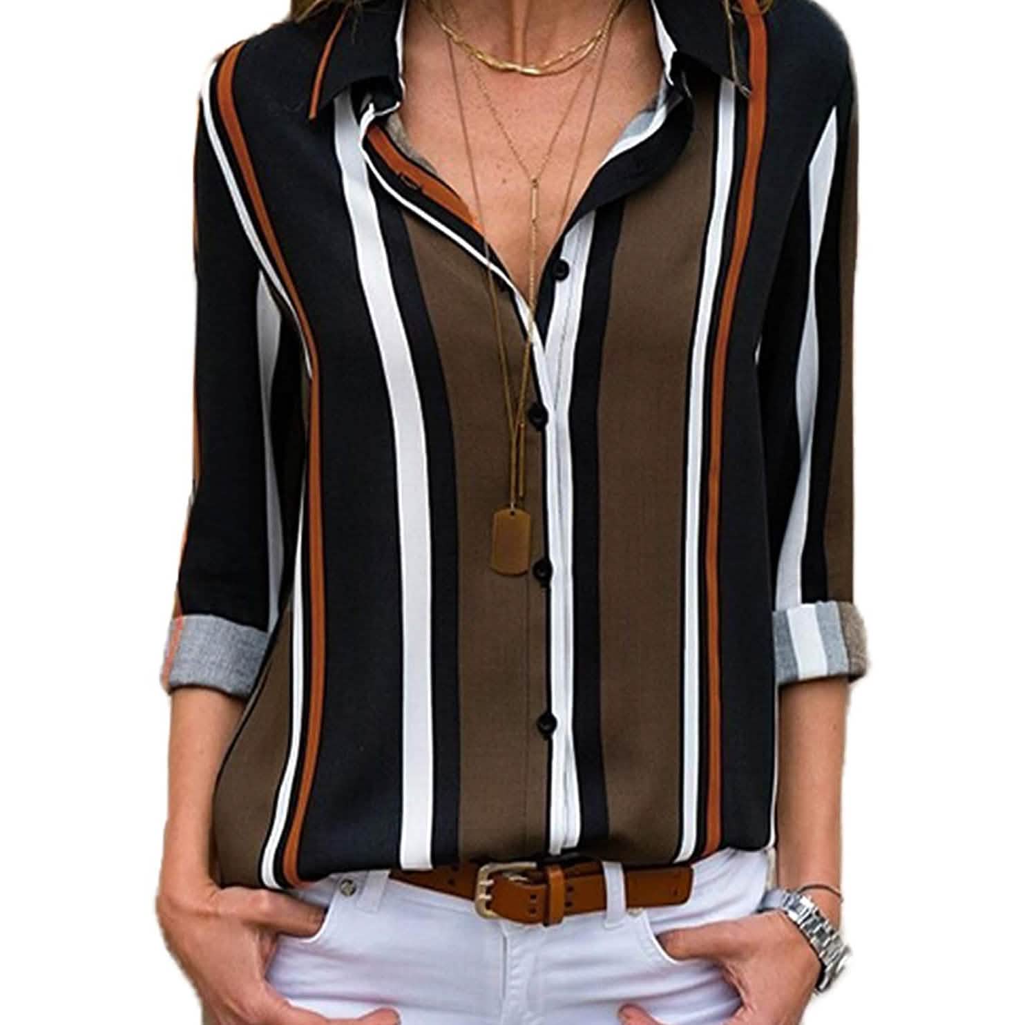 Womens V Neck Striped Roll up Sleeve Button Down Blouses Top